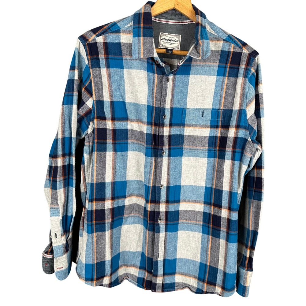 Flag & Anthem Mens Blue White Plaid Flannel Button Down Shirt Large